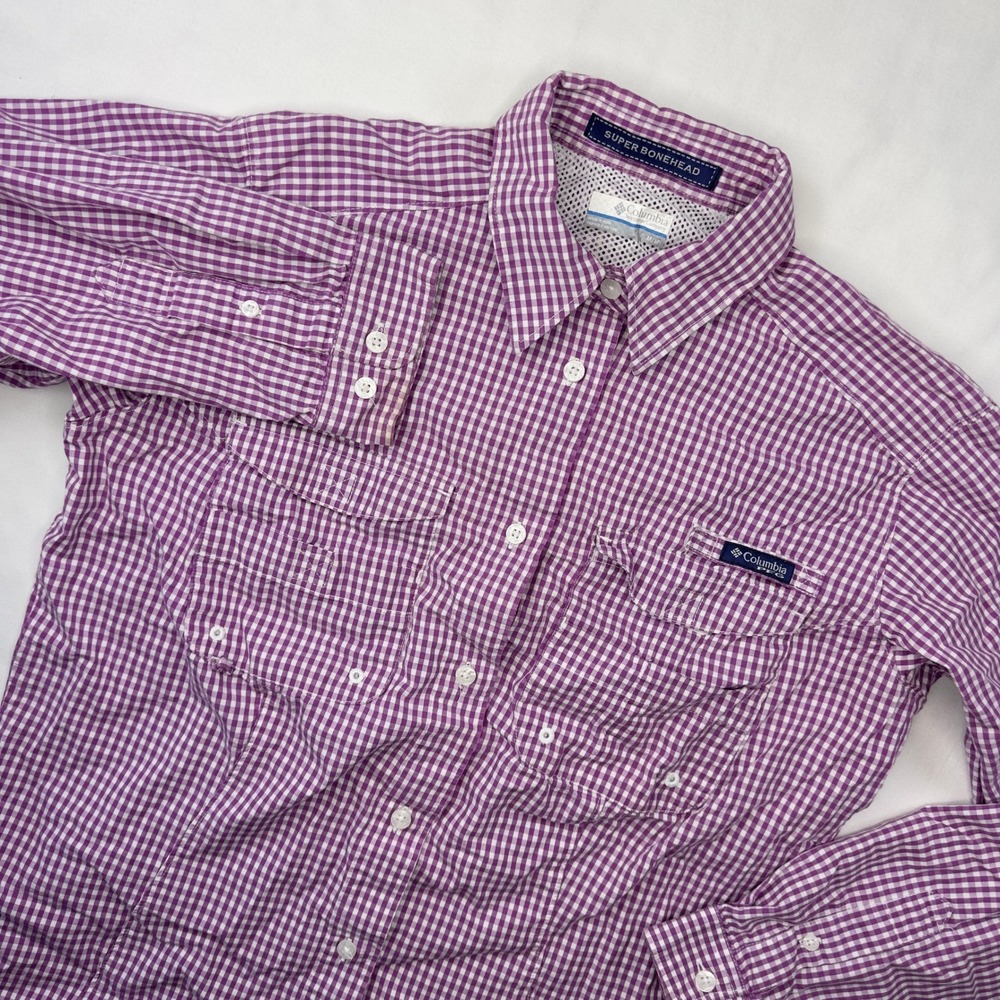Columbia Shirt Women's Medium Super Bonehead Purple‎ Plaid Button Down Fishing
